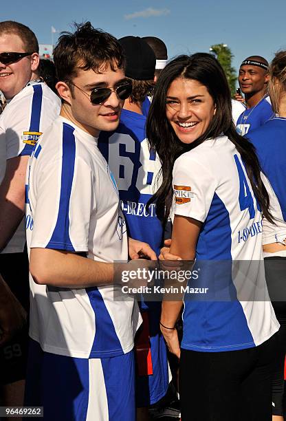 Actors Ed Westwick and Jessica Szohr attend the DIRECTV's 4th Annual Celebrity Beach Bowl on February 6, 2010 in Miami Beach, Florida.