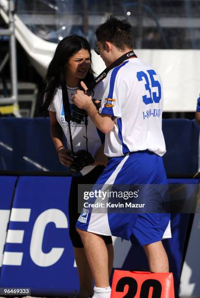 Actors Jessica Szohr and Ed Westwick attend the DIRECTV's 4th Annual Celebrity Beach Bowl on February 6, 2010 in Miami Beach, Florida.