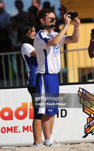 Actors Jessica Szohr and Ed Westwick attend the DIRECTV's 4th Annual Celebrity Beach Bowl on February 6, 2010 in Miami Beach, Florida.