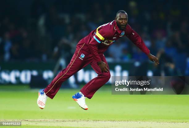 Kesrick Williams of West Indies bowls during the T20 match between ICC World XI and West Indies at Lord's Cricket Ground on May 31, 2018 in London,...