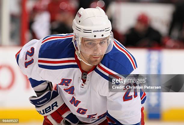 Christopher Higgins of the New York Rangers during the NHL game against the Phoenix Coyotes at Jobing.com Arena on January 30, 2010 in Glendale,...