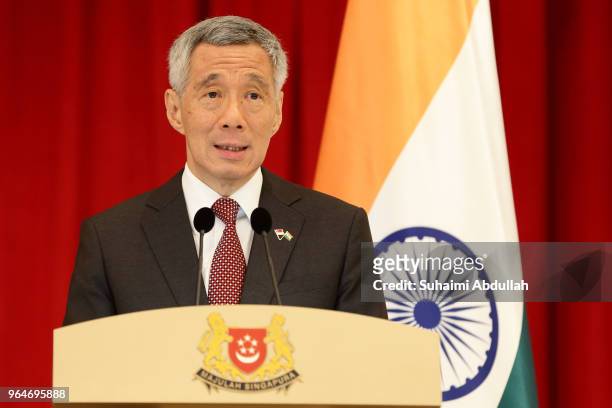 Singapore Prime Minister, Lee Hsien Loong speaks during a joint press conference at the Istana on June 1, 2018 in Singapore. Narendra Modi is on a...