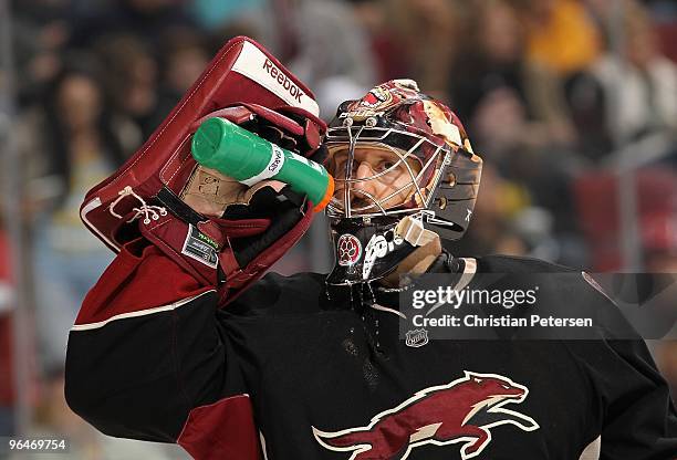 Goaltender Jason LaBarbera of the Phoenix Coyotes drinks water in the NHL game against the New York Rangers at Jobing.com Arena on January 30, 2010...