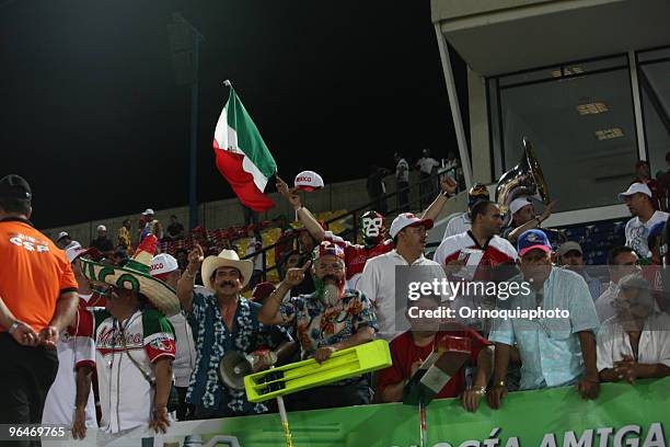 Supporters of Mexico's Naranjeros de Hermosillo celebrate victory over Venezuela's Los Leones del Caracas during a match as part of the Caribbean...