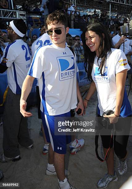 Actors Ed Westwick and Jessica Szohr attend DIRECTV's 4th Annual Celebrity Beach Bowl on February 6, 2010 in Miami Beach, Florida.