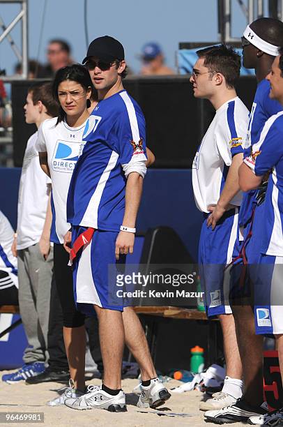 Actors Jessica Szohr, Chace Crawford and Ed Westwick attend DIRECTV's 4th Annual Celebrity Beach Bowl on February 6, 2010 in Miami Beach, Florida.