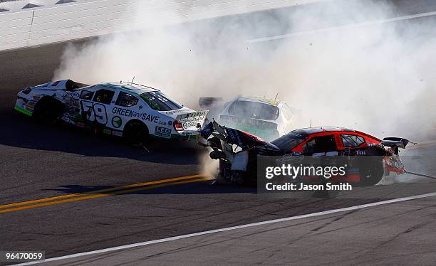 Leilani Munter and Steve Blackburn crash during the ARCA Racing Series Lucas Oil Slick Mist 200 at Daytona International Speedway on February 6, 2010...