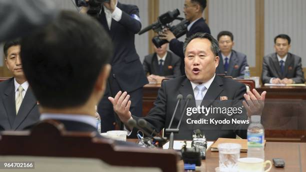 Ri Son Gwon, chairman of North Korea's Committee for the Peaceful Reunification of the Fatherland, attends a meeting with South Korean Unification...