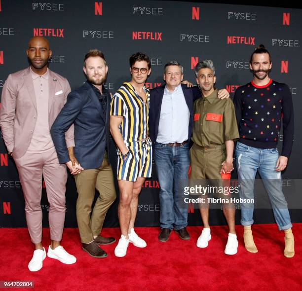 Karamo Brown, Bobby Berk, Antoni Porowski, Ted Sarandos, Tan France, and Jonathan Van Ness attend the NETFLIXFYSEE event for 'Queer Eye' at Netflix...