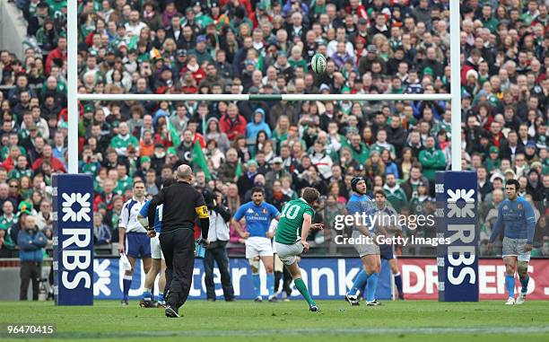 Ronan O'Gara kicks a penalty for Ireland during the RBS Six Nations match between Ireland and Italy at Croke Park on February 6, 2010 in Dublin,...