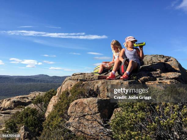 two young girls sitting on a rock after climbing to the top of a mountain - tasmania food stockfoto's en -beelden