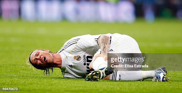 Guti of Real Madrid lies injured during the La Liga match between Real Madrid and Espanyol at Estadio Santiago Bernabeu on February 6, 2010 in...
