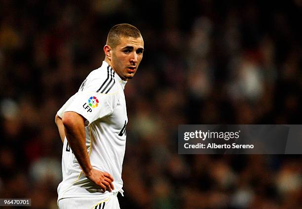 Karim Benzema looks on during the La Liga match between Real Madrid and Espanyol at Estadio Santiago Bernabeu on February 6, 2010 in Madrid, Spain. .