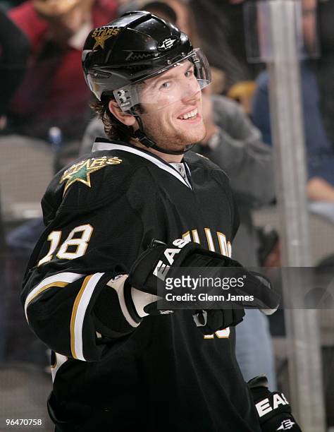 James Neal of the Dallas Stars celebrates a goal against the Phoenix Coyotes on February 6, 2010 at the American Airlines Center in Dallas, Texas.