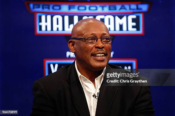 Floyd Little speaks on stage after he was announced as one of the newest enshrinees into the Hall of Fame during the Pro Football Hall of Fame Class...