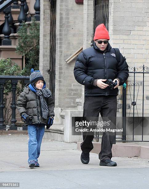 Matthew Broderick walks James Wilke Broderick to school in the West Village on February 6, 2010 in New York City.