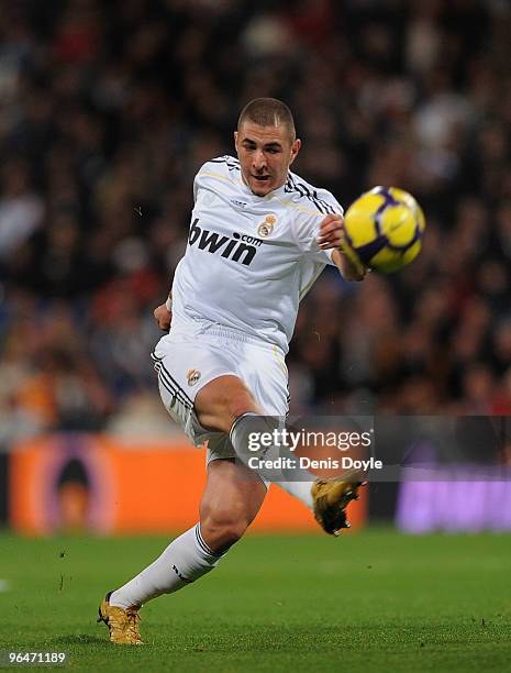 Karim Benzema of Real Madrid shoots at goal during the La Liga match between Real Madrid and Espanyol at Estadio Santiago Bernabeu on February 6,...