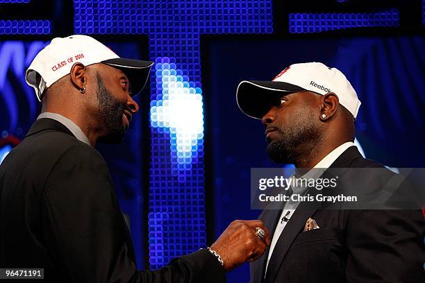 Jerry Rice and Emmitt SMith talk on stage after they were both announced as two of the newest enshrinees into the Hall of Fame during the Pro...