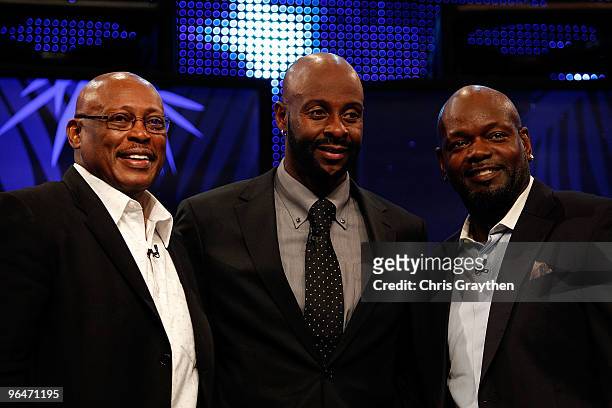 Members of the Pro Football Hall of Fame Class of 2010 Floyd Little, Jerry Rice and Emmitt Smith pose for a group photo during the Pro Football Hall...