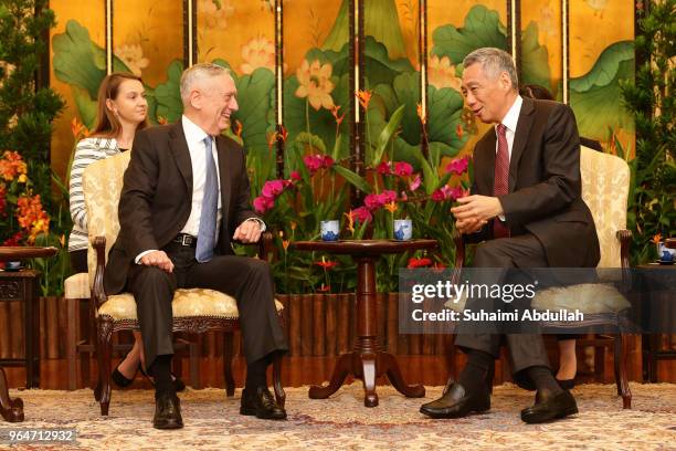 Secretary of Defence James Mattis meets with Singapore Prime Minister, Lee Hsien Loong at the Istana on June 1, 2018 in Singapore. James Mattis is in...