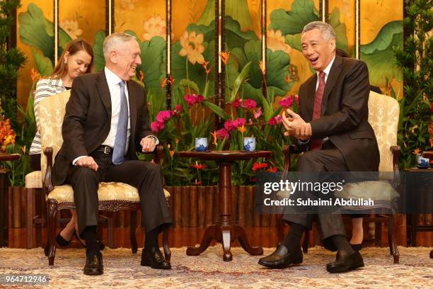 Secretary of Defence James Mattis meets with Singapore Prime Minister, Lee Hsien Loong at the Istana on June 1, 2018 in Singapore. James Mattis is in...