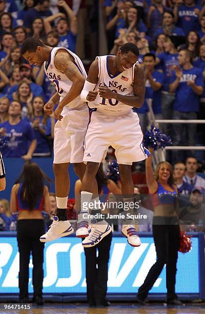 Marcus Morris and Tyshawn Taylor of the Kansas Jayhawks celebrate after scoring during the game against the Nebraska Cornhuskers on February 6, 2010...