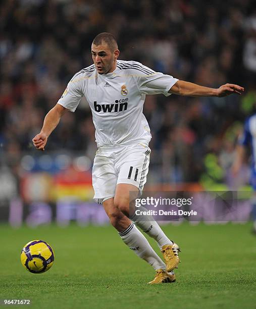Karim Benzema of Real Madrid in action during the La Liga match between Real Madrid and Espanyol at Estadio Santiago Bernabeu on February 6, 2010 in...
