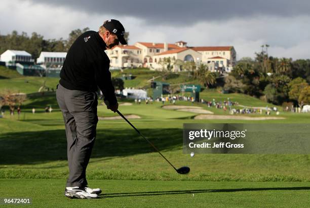 Steve Stricker hits a tee shot on the ninth hole during the third round of the Northern Trust Open at Riviera Country Club on February 6, 2010 in...