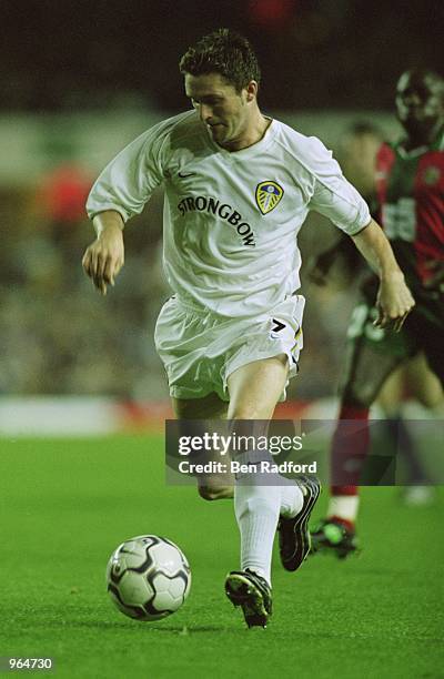 Robbie Keane of Leeds United runs with the ball during the UEFA Cup first round second leg match against Maritimo played at Elland Road, in Leeds,...