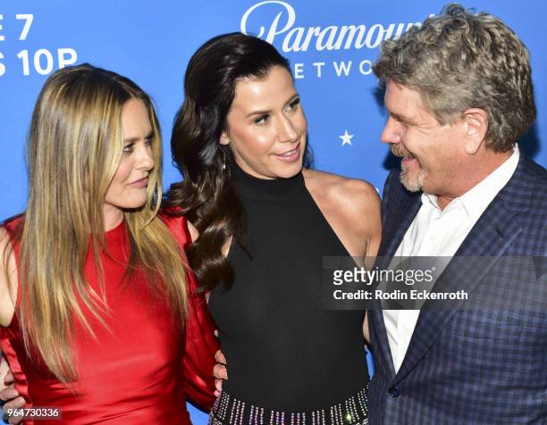 Alicia Silverstone, Jennifer Bartels, and John Wells attend the premiere of Paramount Network's "American Woman" at Chateau Marmont on May 31, 2018...