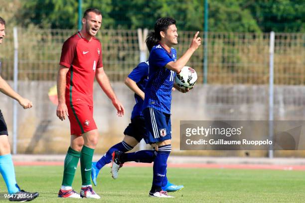 Kyosuke Tagawa of Japan celebrates scoring during U20 match between Portugal and Japan of the International Football Festival tournament of Toulon on...