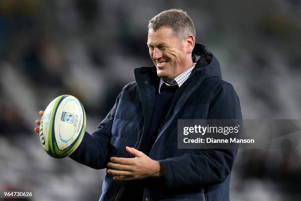 Glenn Delaney, defence coach of the Highlanders, looks on ahead of the round 16 Super Rugby match between the Highlanders and the Hurricanes at...