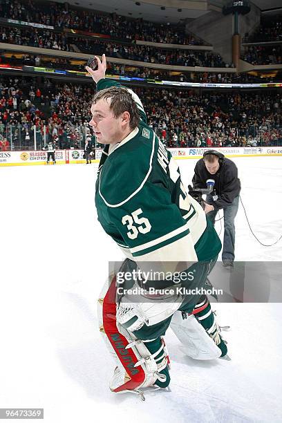 Goalie Anton Khudobin of the Minnesota Wild is named the number one star of the game after playing his first complete game and earning his second...