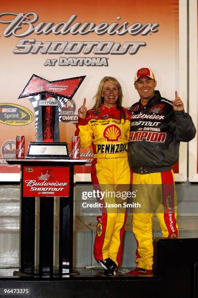 Kevin Harvick , driver of the Shell/Pennzoil Chevrolet, celebrates winning the Budweiser Shootout with his wife DeLana at Daytona International...