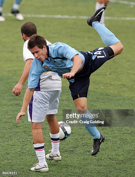 Tim McGowan of Sydney falls to the ground during the round 23 National Youth League match between Sydney FC and the Perth Glory at Seymour Shaw Park...
