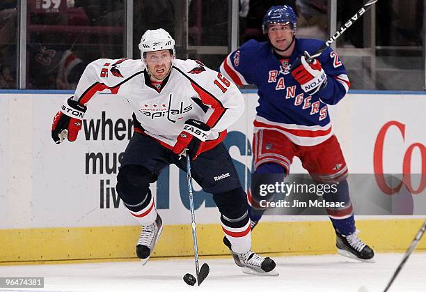 Eric Fehr of the Washington Capitals skates against the New York Rangers on February 4, 2010 at Madison Square Garden in New York City. The Capitals...
