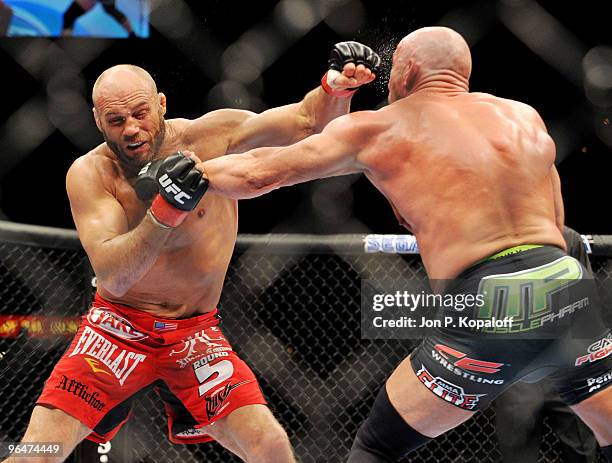 Fighter Randy Couture battles UFC fighter Mark Coleman during their Light Heavyweight fight at UFC 109: Relentless at Mandalay Bay Events Center on...