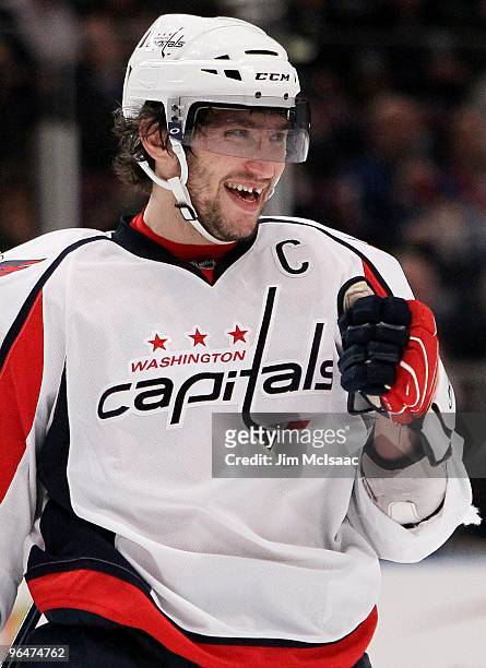 Alex Ovechkin of the Washington Capitals smiles against the New York Rangers on February 4, 2010 at Madison Square Garden in New York City. The...