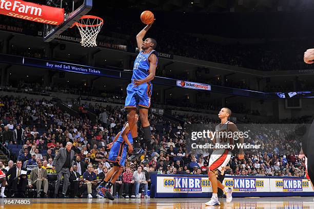 Kevin Durant of the Oklahoma City Thunder dunks against the Golden State Warriors on February 6, 2010 at Oracle Arena in Oakland, California. NOTE TO...