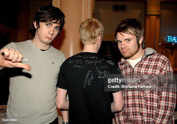 Chris Batten and Roughton "Rou" Reynolds of Enter Shikari meet with fans after cancelling a concert at Empress Ballroom on February 6, 2010 in...