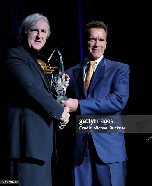 Director James Cameron and Governor Arnold Schwarzenegger attend the Lucky Denim Modern Master Award at the 25th Annual Santa Barbara International...