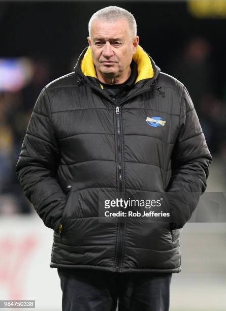 Head coach of the Hurricanes Chris Boyd during the round 16 Super Rugby match between the Highlanders and the Hurricanes at Forsyth Barr Stadium on...