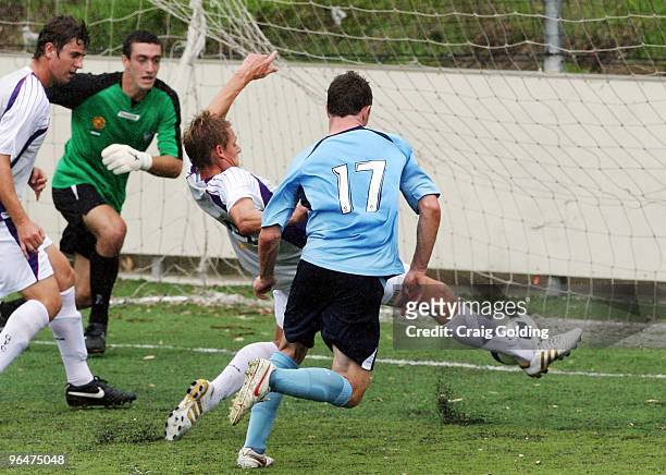 Brent Griffiths of the Glory scores during the round 23 National Youth League match between Sydney FC and the Perth Glory at Seymour Shaw Park at...