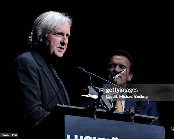 Director James Cameron and Governor Arnold Schwarzenegger attend the Lucky Denim Modern Master Award at the 25th Annual Santa Barbara International...