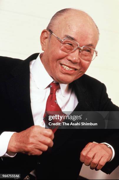 Honda Motor Co Supreme Advisor Soichiro Honda speaks during the Asahi Shimbun interview on March 31, 1989 in Tokyo, Japan.