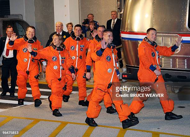 The US space shuttle Endeavour's crew leaves their quarters at Kennedy Space Center at Cape Canaveral in Florida for the STS-130 mission launch...