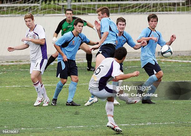 Dean Evans of the Glory takes a free kick during the round 23 National Youth League match between Sydney FC and the Perth Glory at Seymour Shaw Park...
