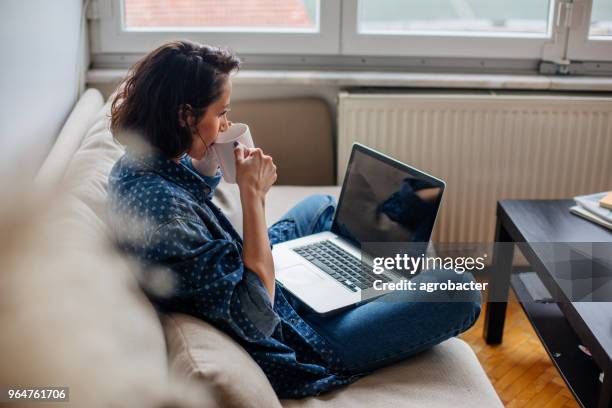 cropped image of woman using laptop with blank screen - laptop sofa stock pictures, royalty-free photos & images