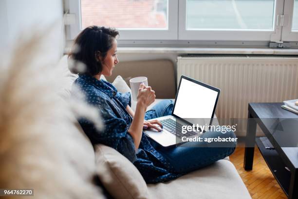 imagen recortada de mujer usando la laptop con pantalla en blanco - blank screen fotografías e imágenes de stock