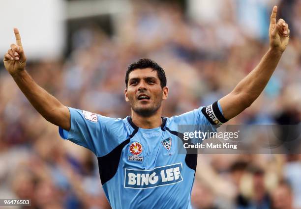 John Aloisi of Sydney celebrates scoring the final goal during the round 26 A-League match between Sydney FC and the Perth Glory at Parramatta...